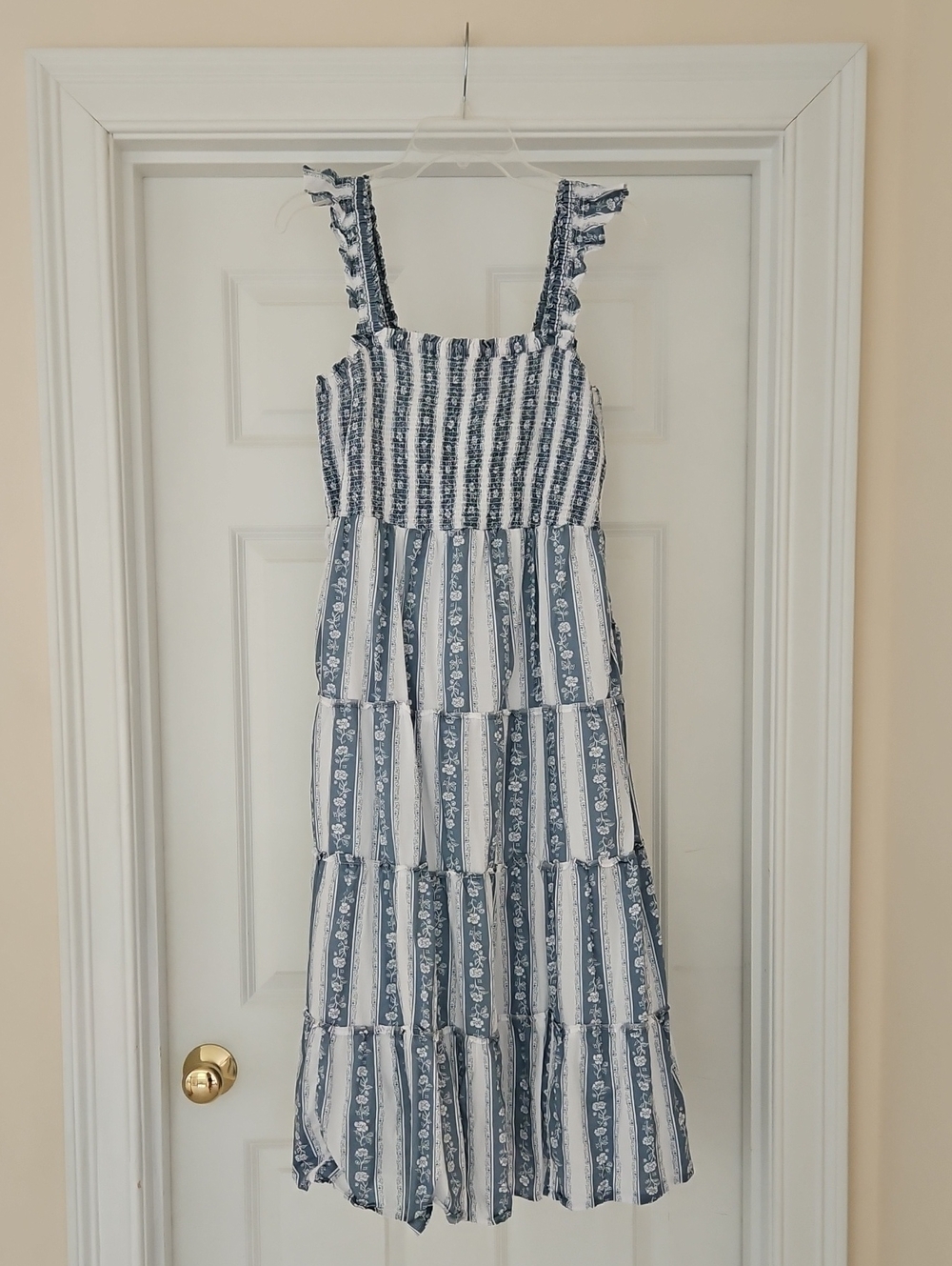 J. Crew Blue and White Striped Tiered Maxi Dress